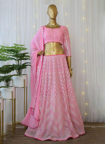 Women's Georgette Pink Lehenga Choli With Thread Embroidery Work